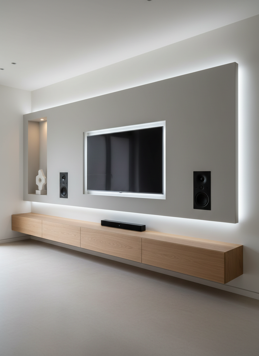A contemporary home entertainment wall featuring an ultra-thin 4K television, recessed into a matte light-gray panel with integrated LED backlighting that emits a soft cool white halo. Below, a low-profile media console in smooth oak veneer houses a compact black smart soundbar and two symmetrical in-wall speakers, their grilles perfectly flush. The room’s palette is neutral, with pale concrete flooring and a minimalist shelving niche holding a single geometric sculpture. Indirect ceiling lighting and subtle floor uplights combine to create balanced, shadow-free illumination. Captured in photographic realism from a slightly angled, eye-level perspective, the composition follows clean horizontal lines and structured symmetry, giving a polished, corporate aesthetic that communicates refined smart home entertainment design.