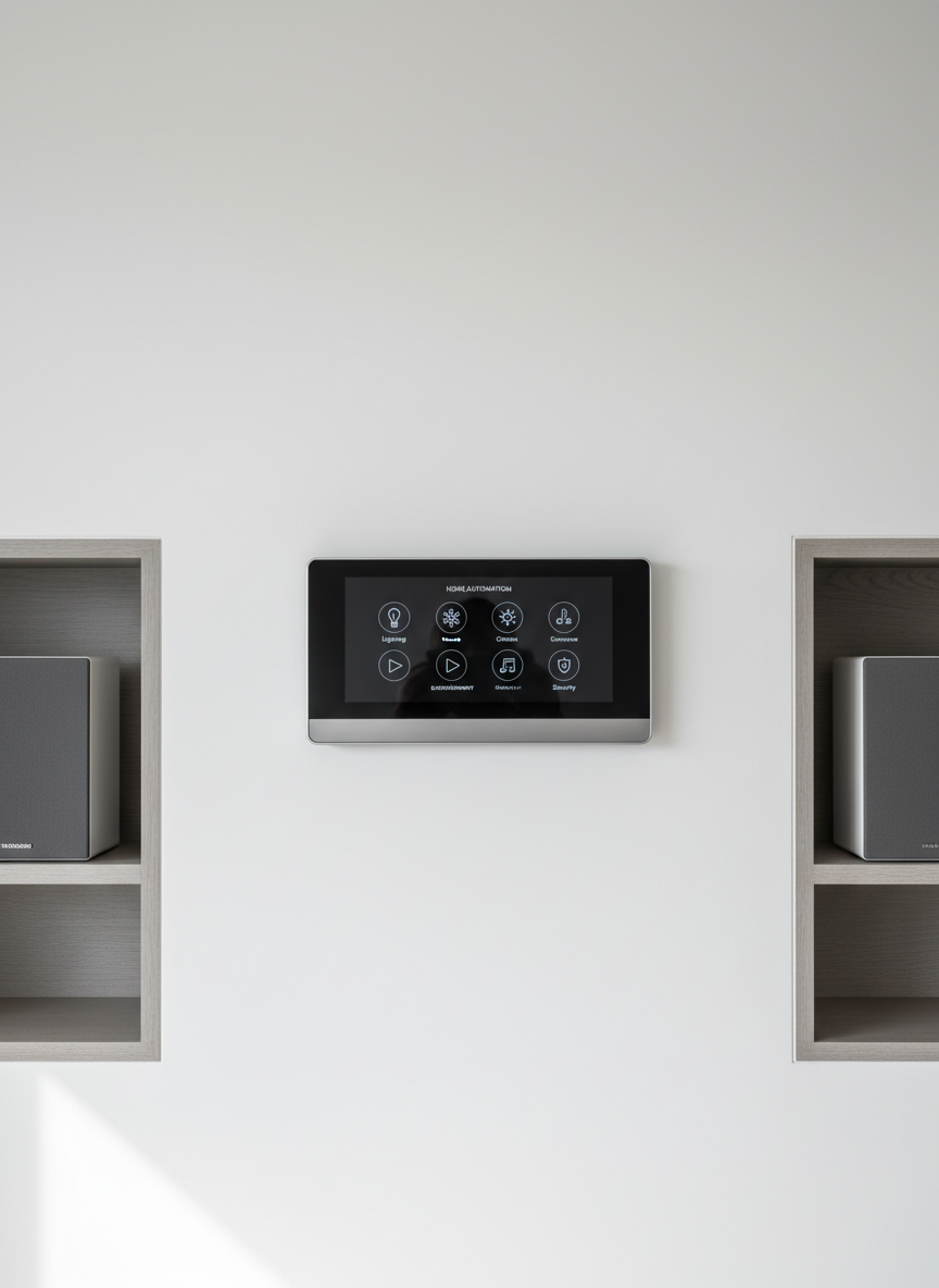 A sleek, wall-mounted smart home control hub with a thin black glass surface and subtle brushed aluminum frame, displaying a minimalist interface of icons for lighting, climate, entertainment, and security. It is centered on a smooth matte white wall in a pristine living area with clean lines and built-in shelving that holds discreet, high-end speakers. Neutral tones of grey, white, and charcoal dominate the room. Soft, diffused daylight enters from an unseen window, creating gentle reflections on the glass display and faint shadows along edges. Photographic realism with an eye-level composition and moderate depth of field keeps the hub in sharp focus while the background softly blurs, conveying a calm, professional, and technologically sophisticated atmosphere suitable for a modern home automation brand.
