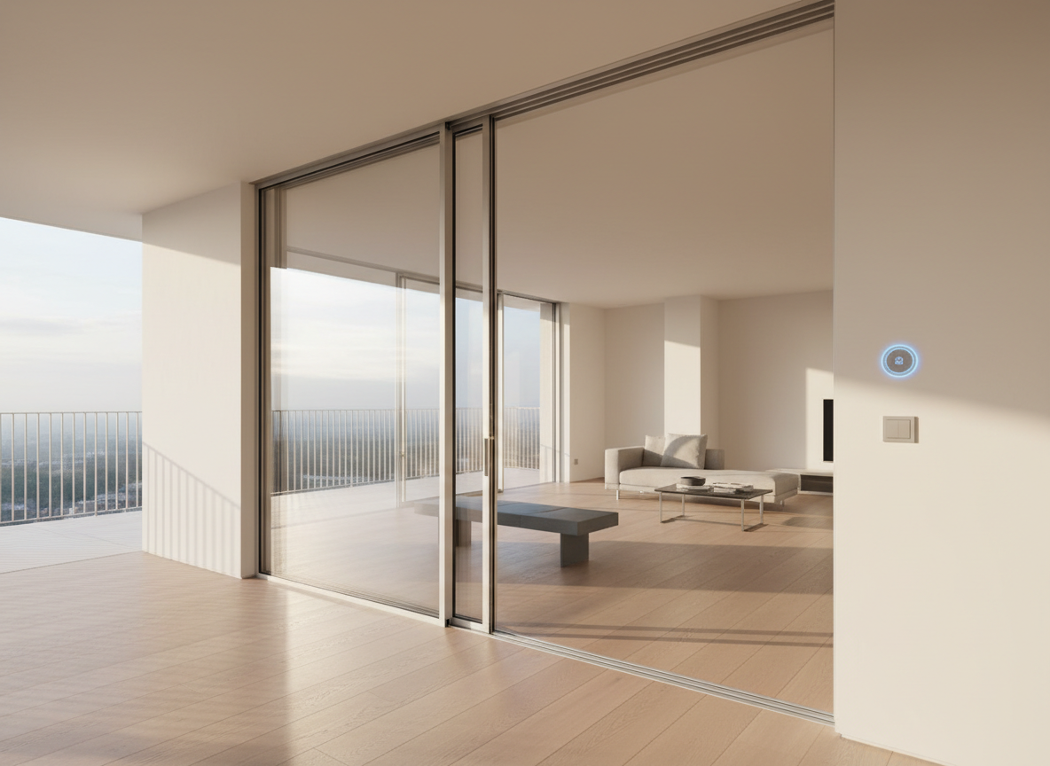 An automated glass sliding door system with frameless, crystal-clear panels gliding smoothly along a concealed ceiling track, separating a modern living space from a terrace. The door’s slim anodized aluminum hardware and a subtle illuminated touchpad on the wall signal advanced automation. Inside, a neutral-toned interior with light oak flooring and a low, slate-gray bench is meticulously uncluttered. Outside, only blurred suggestions of a balcony rail and sky are visible. Soft afternoon daylight floods through the glass, creating crisp but gentle shadows and reflections across the floor. Shot in photographic realism from a slightly low, wide-angle viewpoint, the composition emphasizes the seamless transition between spaces and the effortless, elegant motion implied by the open door position.
