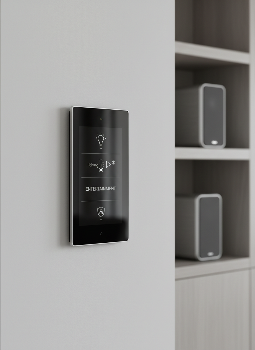 A sleek, wall-mounted smart home control hub with a thin black glass surface and subtle brushed aluminum frame, displaying a minimalist interface of icons for lighting, climate, entertainment, and security. It is centered on a smooth matte white wall in a pristine living area with clean lines and built-in shelving that holds discreet, high-end speakers. Neutral tones of grey, white, and charcoal dominate the room. Soft, diffused daylight enters from an unseen window, creating gentle reflections on the glass display and faint shadows along edges. Photographic realism with an eye-level composition and moderate depth of field keeps the hub in sharp focus while the background softly blurs, conveying a calm, professional, and technologically sophisticated atmosphere suitable for a modern home automation brand.