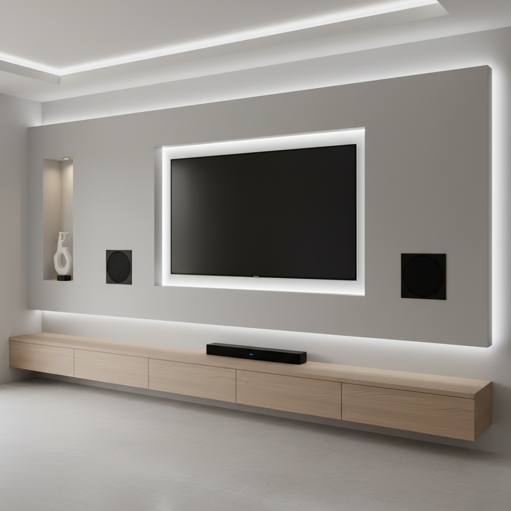 A contemporary home entertainment wall featuring an ultra-thin 4K television, recessed into a matte light-gray panel with integrated LED backlighting that emits a soft cool white halo. Below, a low-profile media console in smooth oak veneer houses a compact black smart soundbar and two symmetrical in-wall speakers, their grilles perfectly flush. The room’s palette is neutral, with pale concrete flooring and a minimalist shelving niche holding a single geometric sculpture. Indirect ceiling lighting and subtle floor uplights combine to create balanced, shadow-free illumination. Captured in photographic realism from a slightly angled, eye-level perspective, the composition follows clean horizontal lines and structured symmetry, giving a polished, corporate aesthetic that communicates refined smart home entertainment design.