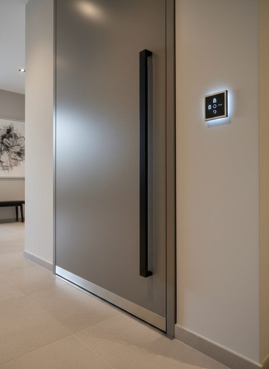 A close-up, detail-focused view of a sophisticated automated pivot door in a modern foyer, featuring a tall slab of smooth, warm-gray composite material with a fine satin finish and a vertical black metal pull handle embedded flush with the surface. At the floor, a narrow stainless-steel pivot hinge line is perfectly aligned with large-format porcelain tiles in a cool beige tone. On the wall beside the door, a small, backlit capacitive touch panel with minimalist icons indicates lock, open, and scene presets. Soft, directional overhead lighting creates subtle gradients across the door’s surface and crisp, controlled shadows along edges. Photographic realism with shallow depth of field keeps the touch panel and handle sharply defined while the background fades into a calm, neutral blur, conveying precision, security, and effortless automation.